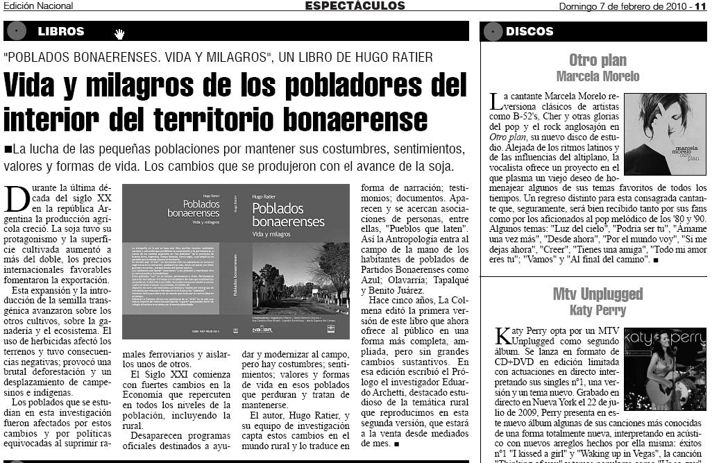 Artículo en la Edición Nacional sobre Poblados Bonaerenses